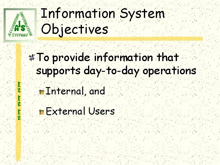 Information System Objectives To provide information that supports day-to-day operations Acct 316 Internal, and