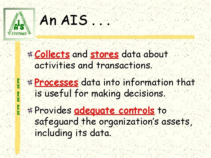 An AIS. . . Collects and stores data about activities and transactions. Acct 316