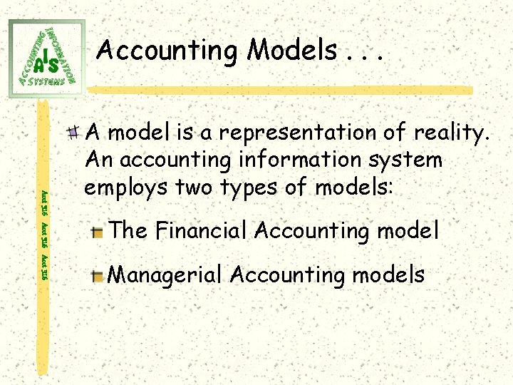 Accounting Models. . . Acct 316 A model is a representation of reality. An