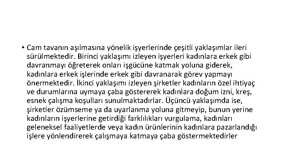  • Cam tavanın aşılmasına yönelik işyerlerinde çeşitli yaklaşımlar ileri sürülmektedir. Birinci yaklaşımı izleyen