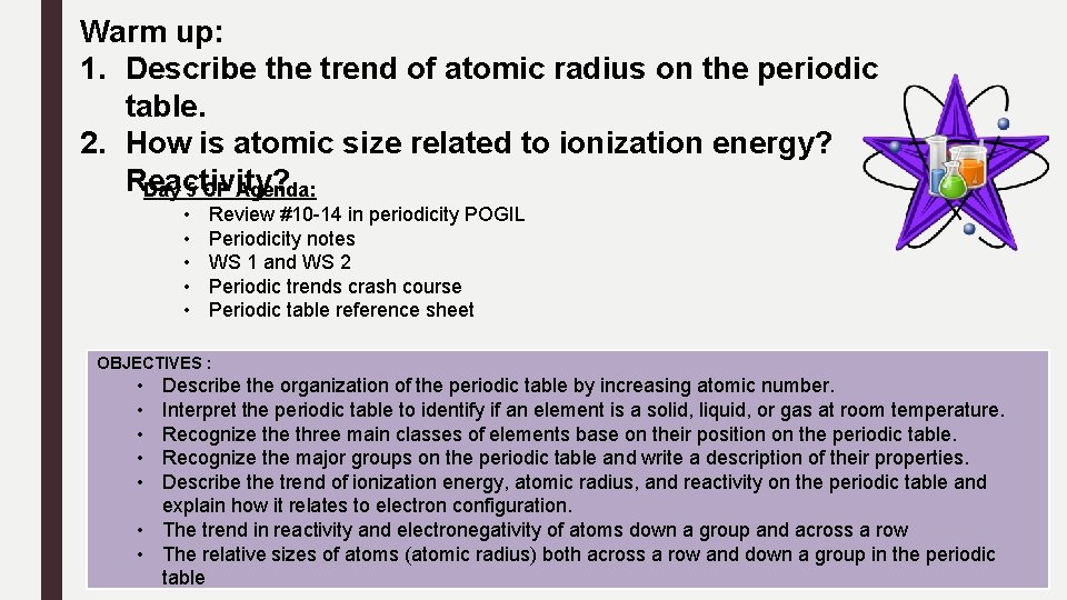 Warm up: 1. Describe the trend of atomic radius on the periodic table. 2.