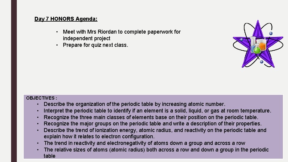 Day 7 HONORS Agenda: • Meet with Mrs Riordan to complete paperwork for independent