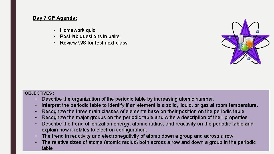 Day 7 CP Agenda: • Homework quiz • Post lab questions in pairs •