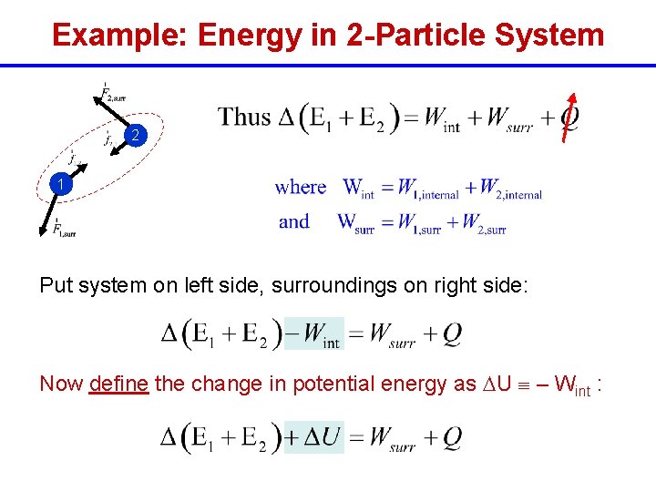 Example: Energy in 2 -Particle System 2 1 Put system on left side, surroundings