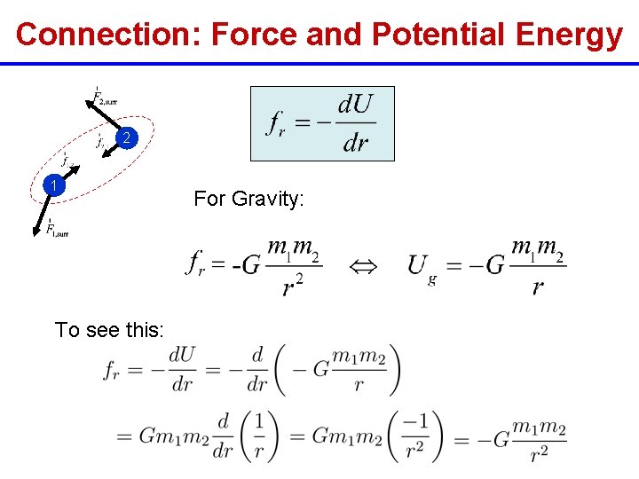 Connection: Force and Potential Energy 2 1 To see this: For Gravity: 