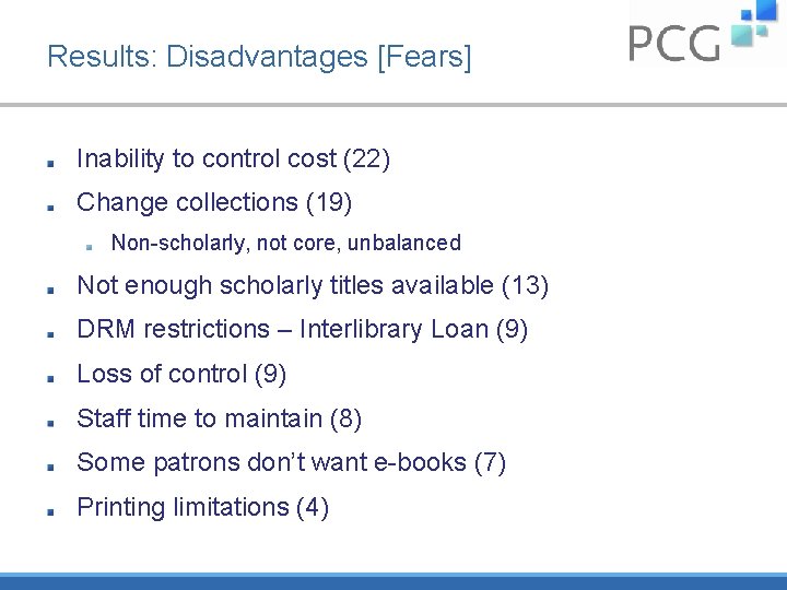 Results: Disadvantages [Fears] Inability to control cost (22) Change collections (19) Non-scholarly, not core,