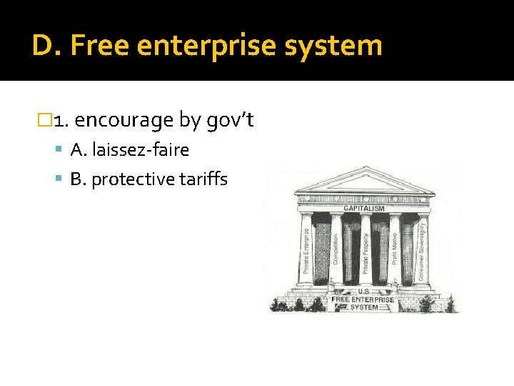 D. Free enterprise system � 1. encourage by gov’t A. laissez-faire B. protective tariffs