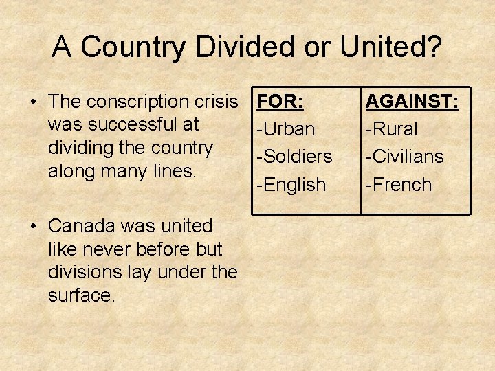 A Country Divided or United? • The conscription crisis FOR: was successful at -Urban