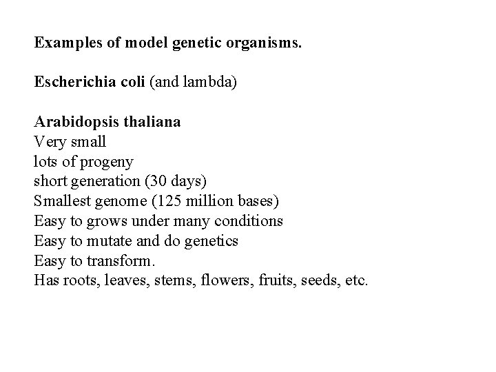 Examples of model genetic organisms. Escherichia coli (and lambda) Arabidopsis thaliana Very small lots