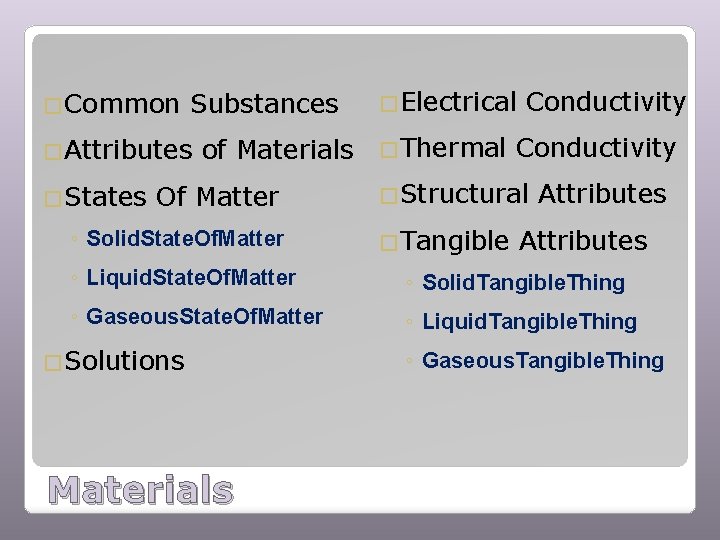 �Common Substances �Attributes �States �Electrical Conductivity of Materials �Thermal Conductivity Of Matter ◦ Solid.