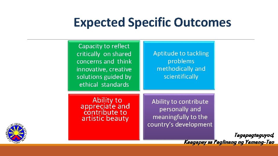 Expected Specific Outcomes Capacity to reflect critically on shared concerns and think innovative, creative