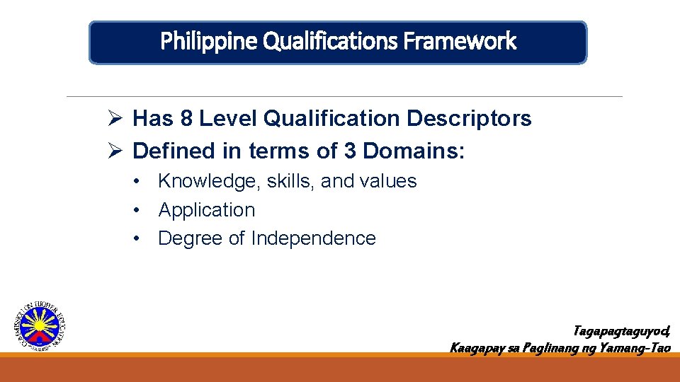 Philippine Qualifications Framework Has 8 Level Qualification Descriptors Defined in terms of 3 Domains: