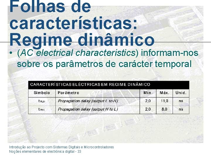 Folhas de características: Regime dinâmico • (AC electrical characteristics) informam-nos sobre os parâmetros de