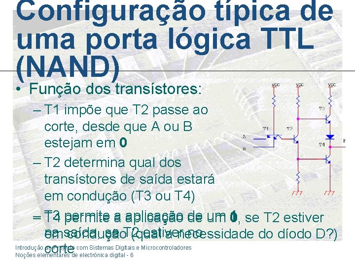 Configuração típica de uma porta lógica TTL (NAND) • Função dos transístores: – T