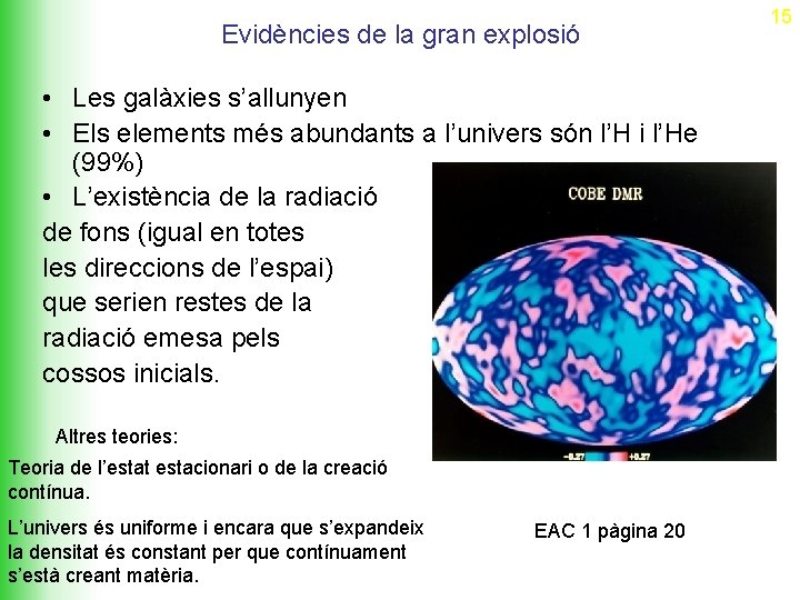 Evidències de la gran explosió • Les galàxies s’allunyen • Els elements més abundants