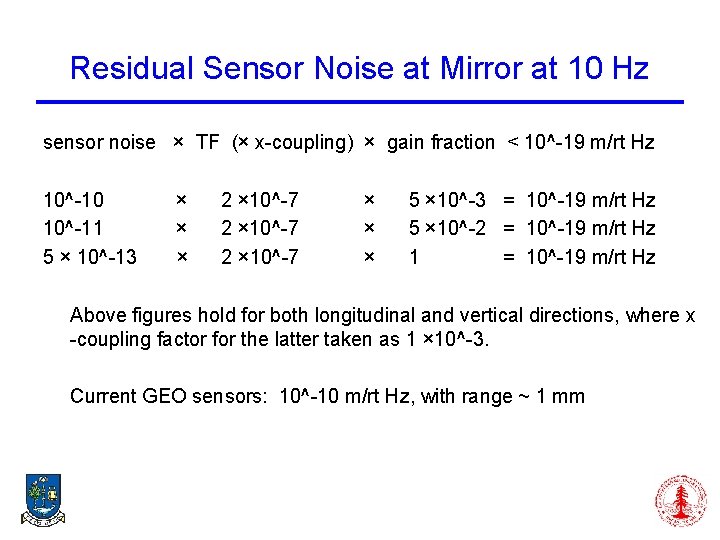 Residual Sensor Noise at Mirror at 10 Hz sensor noise × TF (× x-coupling)