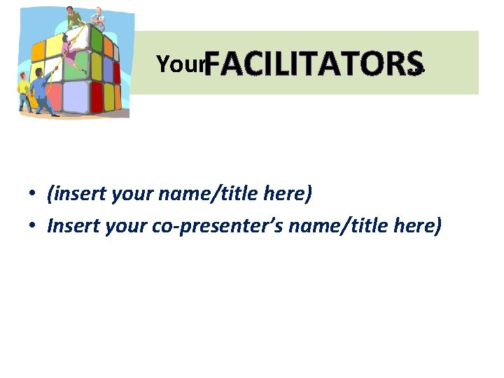 Your. FACILITATORS … • (insert your name/title here) • Insert your co-presenter’s name/title here)