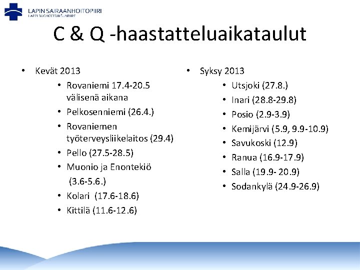 C & Q -haastatteluaikataulut • Kevät 2013 • Rovaniemi 17. 4 -20. 5 välisenä