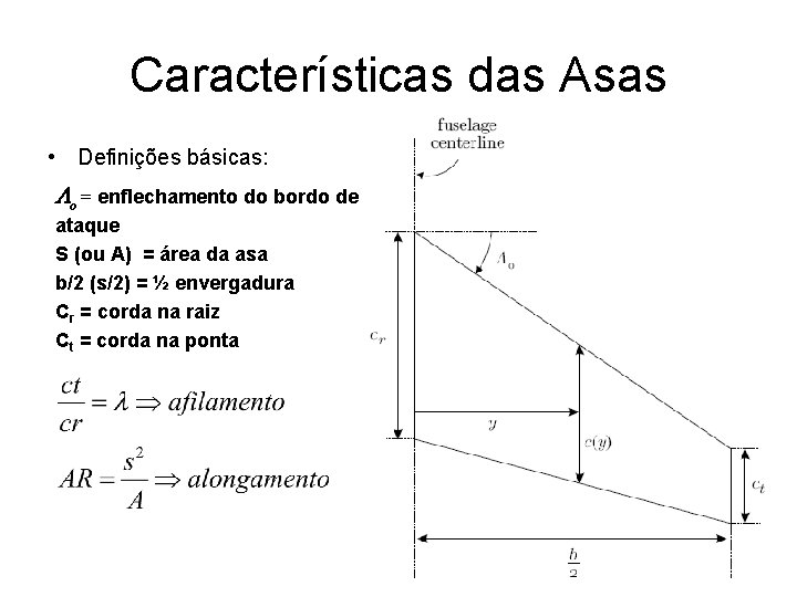 Características das Asas • Definições básicas: Lo = enflechamento do bordo de ataque S