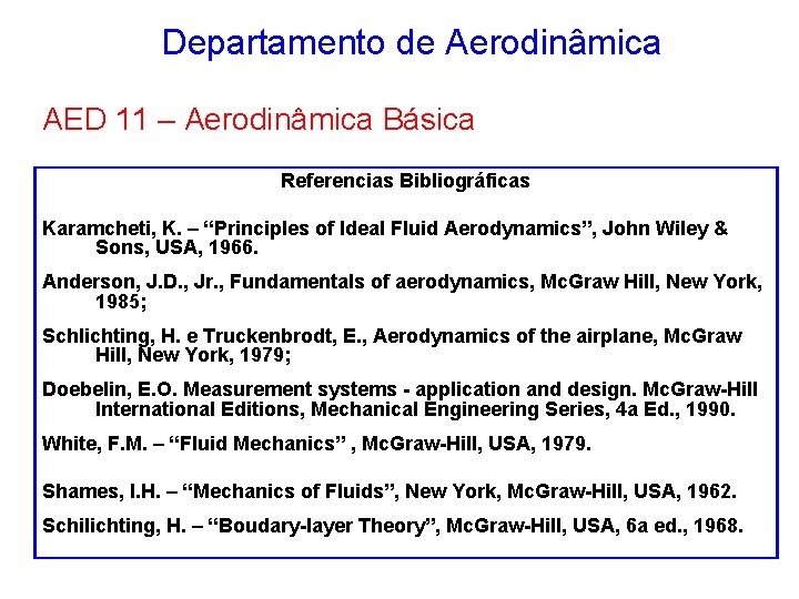 Departamento de Aerodinâmica AED 11 – Aerodinâmica Básica Referencias Bibliográficas Karamcheti, K. – “Principles