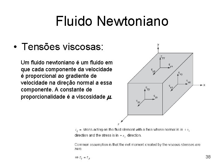 Fluido Newtoniano • Tensões viscosas: Um fluido newtoniano é um fluido em que cada