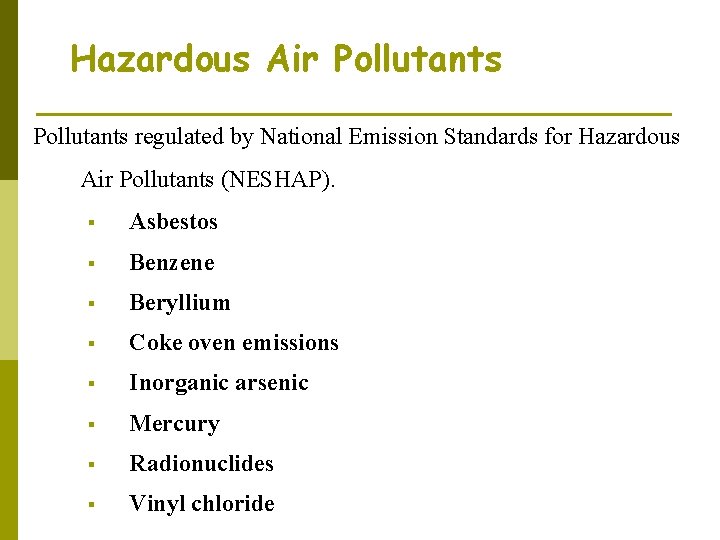 Hazardous Air Pollutants regulated by National Emission Standards for Hazardous Air Pollutants (NESHAP). §