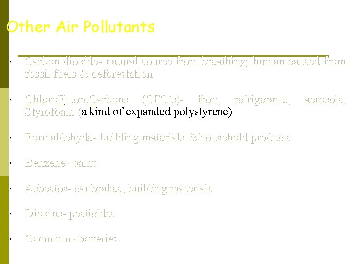 Other Air Pollutants Carbon dioxide- natural source from breathing; human caused from fossil fuels