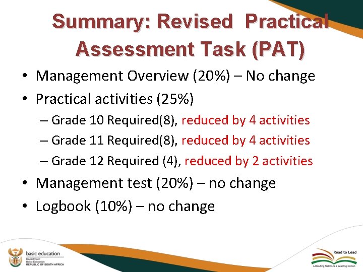 Summary: Revised Practical Assessment Task (PAT) • Management Overview (20%) – No change •