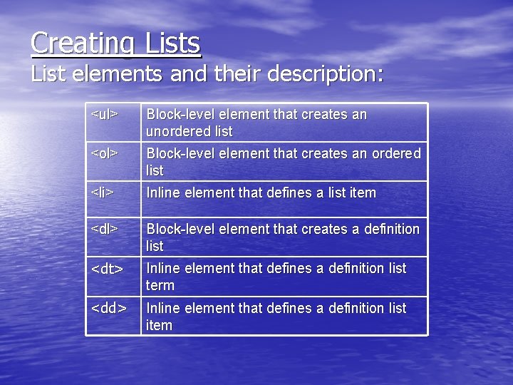 Creating Lists List elements and their description: <ul> Block-level element that creates an unordered