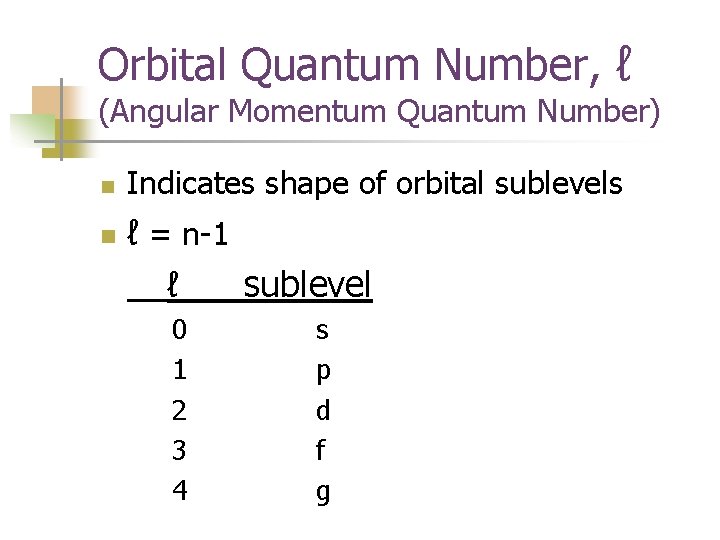 Orbital Quantum Number, ℓ (Angular Momentum Quantum Number) n n Indicates shape of orbital