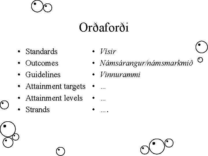 Orðaforði • • • Standards Outcomes Guidelines Attainment targets Attainment levels Strands • •