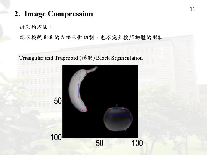 2. Image Compression 折衷的方法： 既不按照 8 8 的方格來做切割，也不完全按照物體的形狀 Triangular and Trapezoid (梯形) Block Segmentation