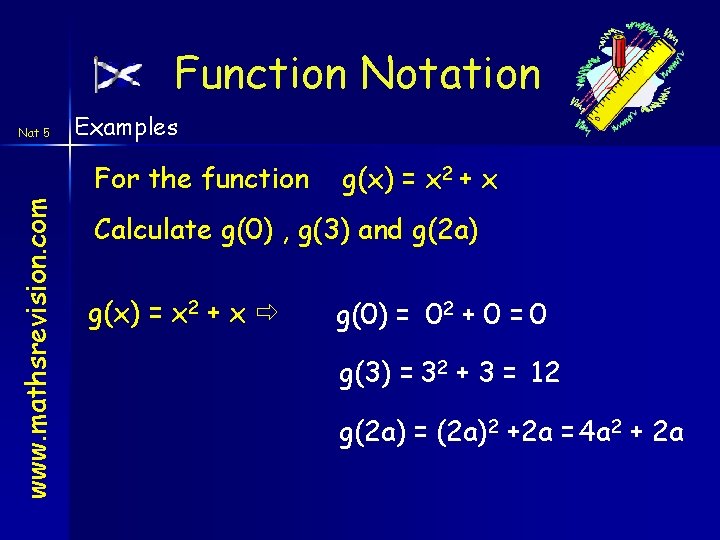 Function Notation Nat 5 Examples www. mathsrevision. com For the function g(x) = x