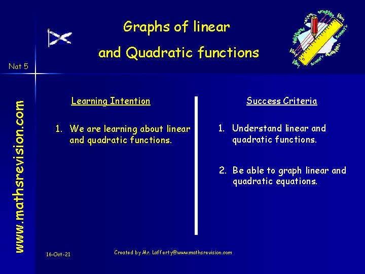 Graphs of linear and Quadratic functions www. mathsrevision. com Nat 5 Learning Intention 1.