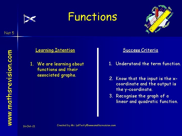 Functions www. mathsrevision. com Nat 5 Learning Intention 1. We are learning about functions
