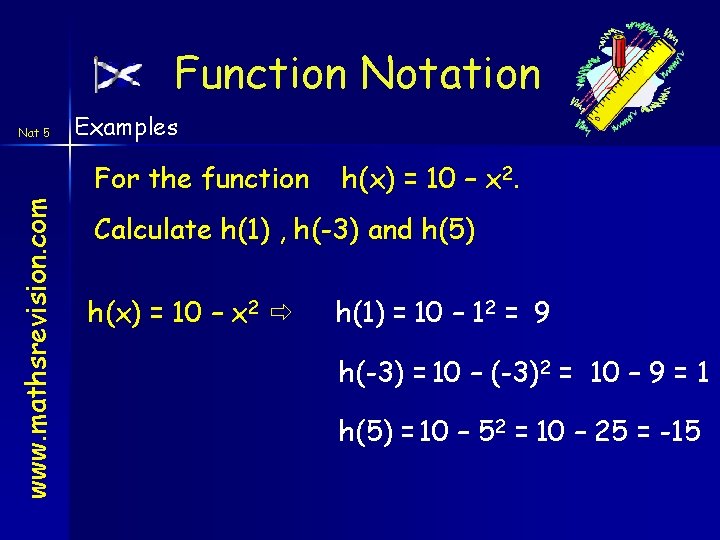 Function Notation Nat 5 Examples www. mathsrevision. com For the function h(x) = 10