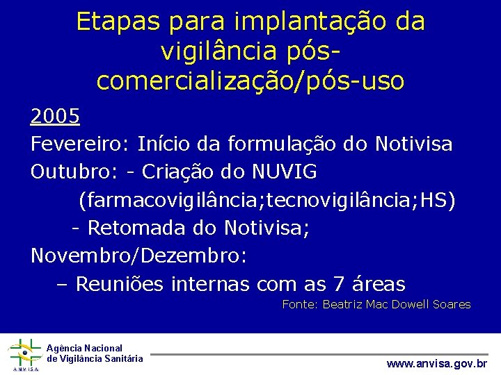 Etapas para implantação da vigilância póscomercialização/pós-uso 2005 Fevereiro: Início da formulação do Notivisa Outubro: