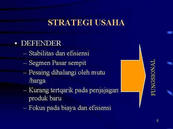 STRATEGI USAHA – Stabilitas dan efisiensi – Segmen Pasar sempit – Pesaing dihalangi oleh