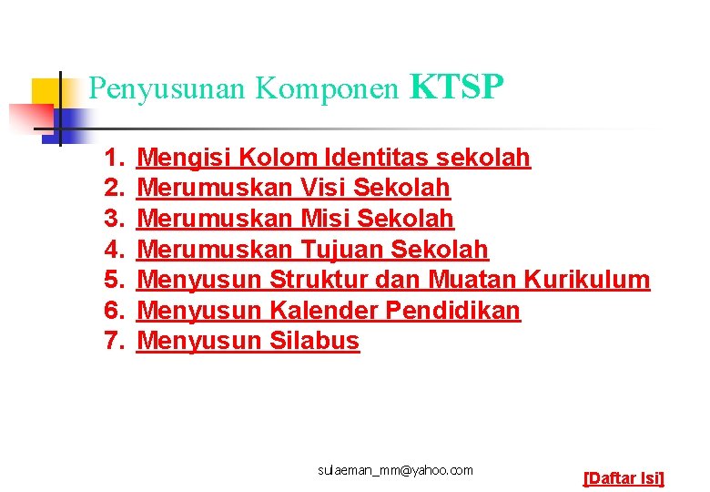 Penyusunan Komponen KTSP 1. 2. 3. 4. 5. 6. 7. Mengisi Kolom Identitas sekolah