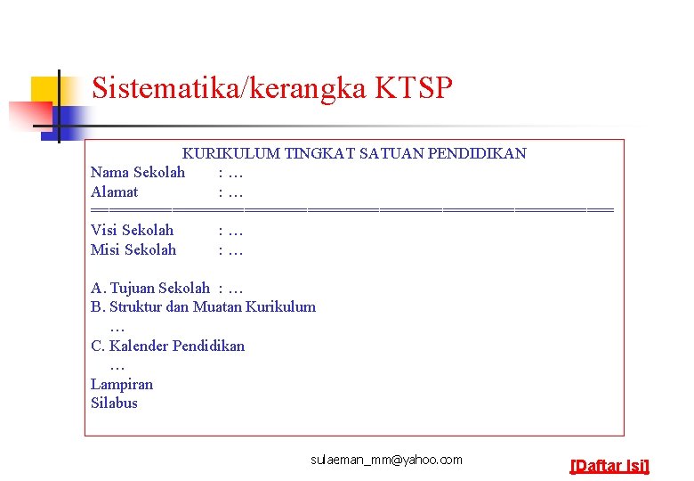 Sistematika/kerangka KTSP KURIKULUM TINGKAT SATUAN PENDIDIKAN Nama Sekolah : … Alamat : … =============================