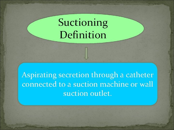 Suctioning Definition Aspirating secretion through a catheter connected to a suction machine or wall