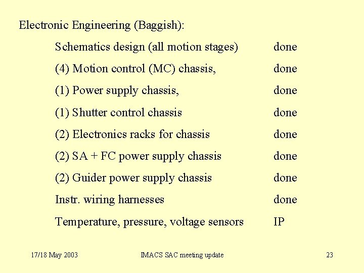 Electronic Engineering (Baggish): Schematics design (all motion stages) done (4) Motion control (MC) chassis,