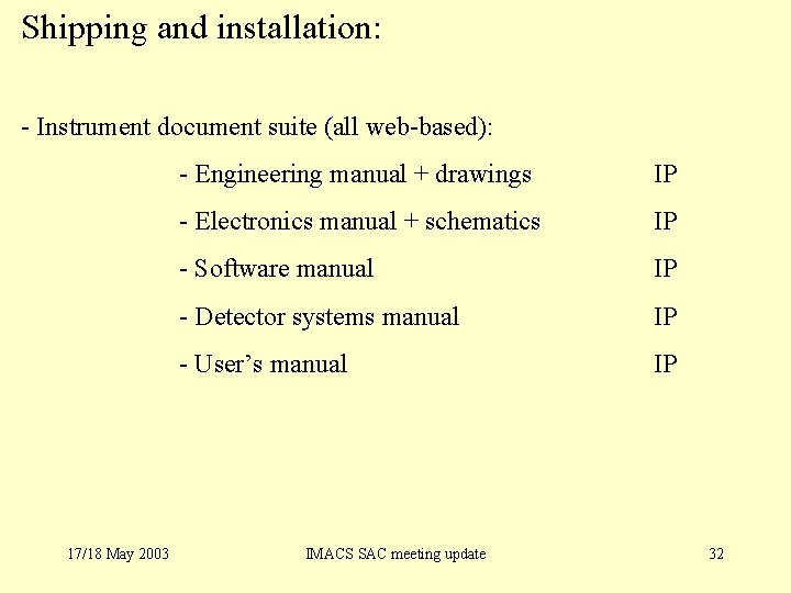 Shipping and installation: - Instrument document suite (all web-based): 17/18 May 2003 - Engineering
