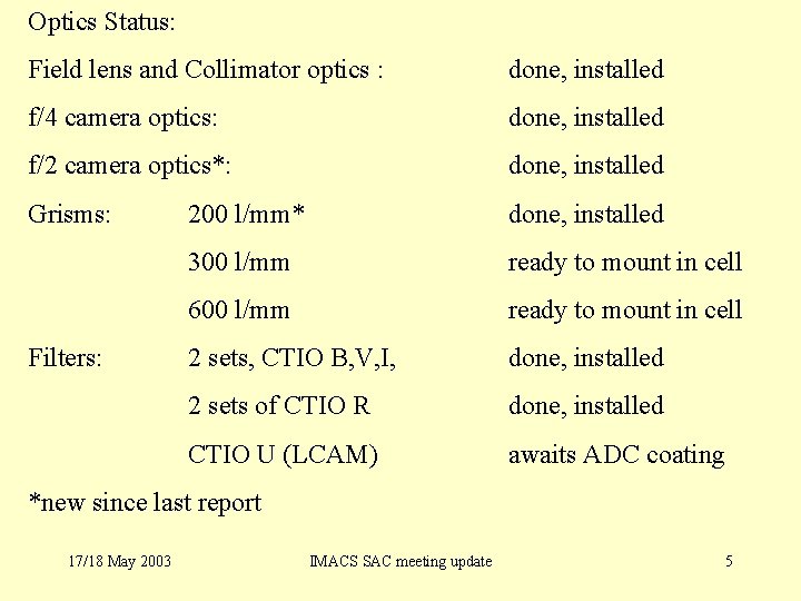 Optics Status: Field lens and Collimator optics : done, installed f/4 camera optics: done,