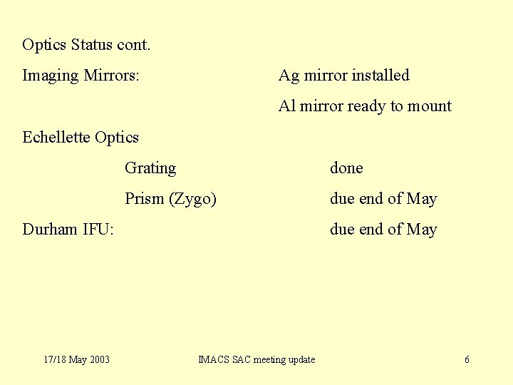Optics Status cont. Imaging Mirrors: Ag mirror installed Al mirror ready to mount Echellette
