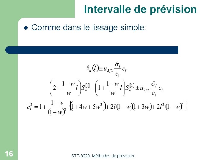 Intervalle de prévision l 16 Comme dans le lissage simple: STT-3220; Méthodes de prévision