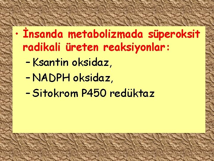  • İnsanda metabolizmada süperoksit radikali üreten reaksiyonlar: – Ksantin oksidaz, – NADPH oksidaz,