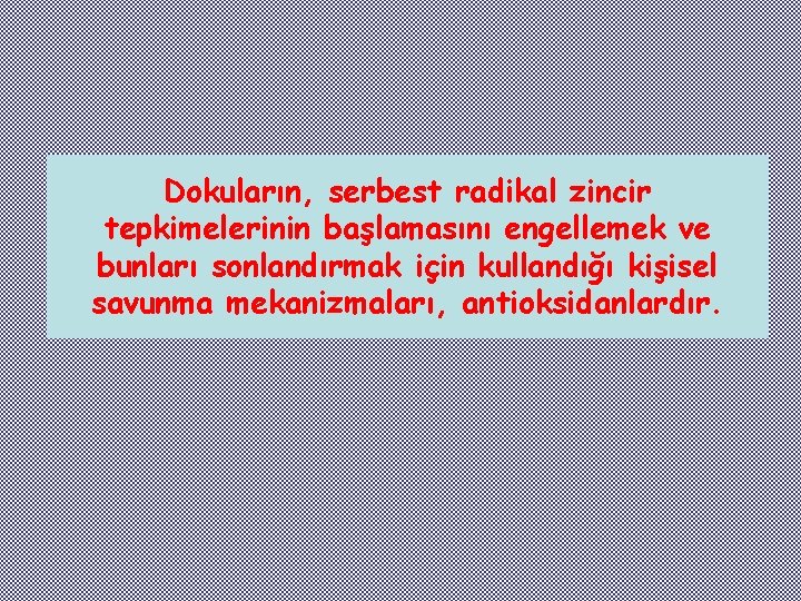 Dokuların, serbest radikal zincir tepkimelerinin başlamasını engellemek ve bunları sonlandırmak için kullandığı kişisel savunma