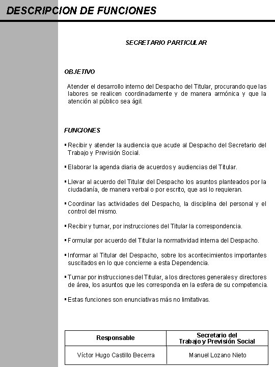 DESCRIPCION DE FUNCIONES SECRETARIO PARTICULAR OBJETIVO Atender el desarrollo interno del Despacho del Titular,