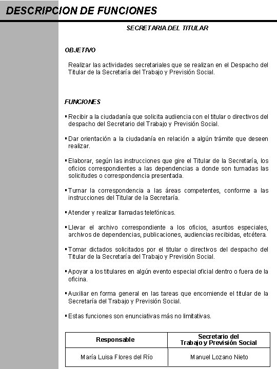 DESCRIPCION DE FUNCIONES SECRETARIA DEL TITULAR OBJETIVO Realizar las actividades secretariales que se realizan